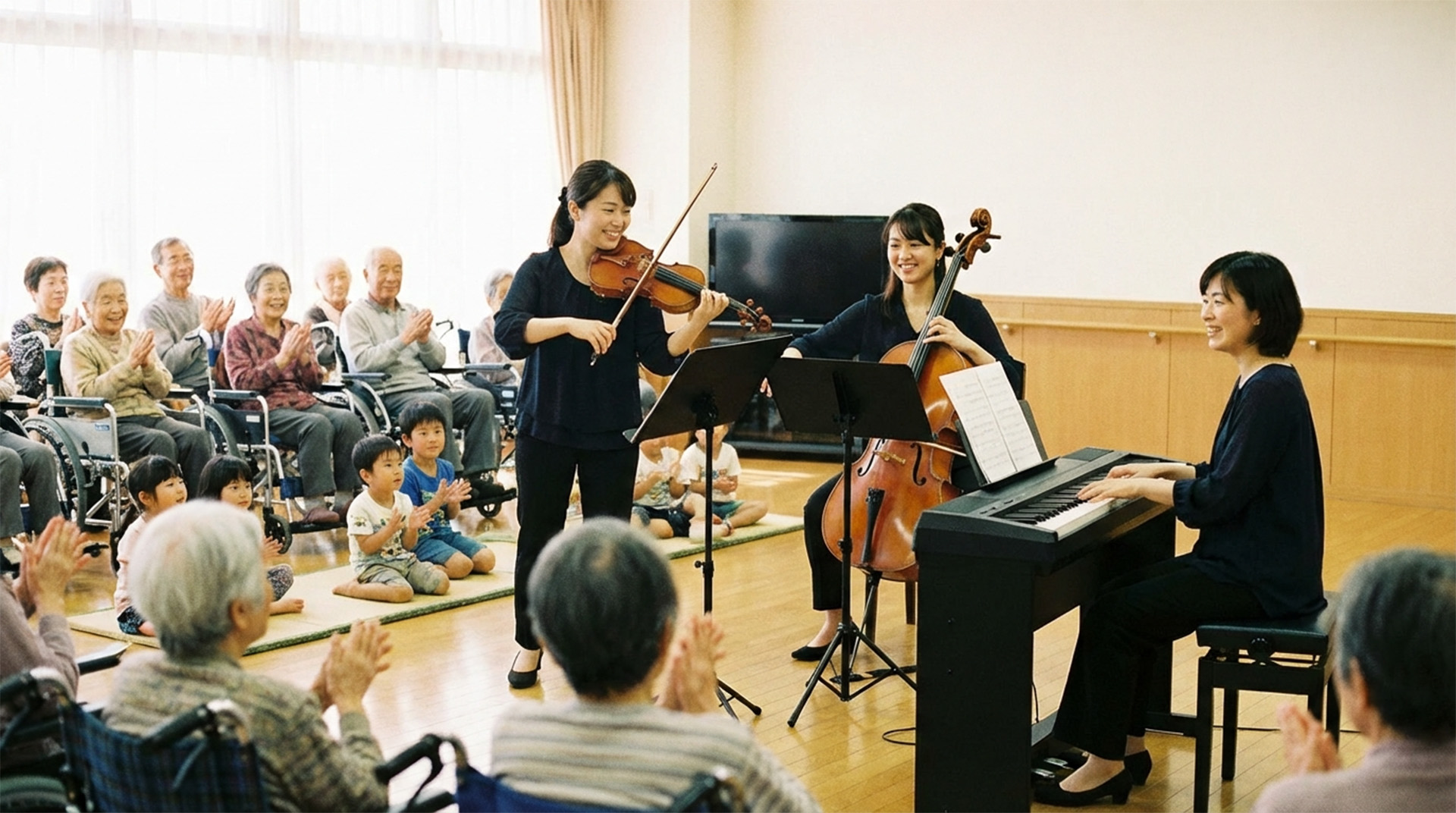 学校・福祉施設・医療機関での演奏。高齢者施設で弦楽トリオが演奏し、子供たちと高齢者が一緒に楽しんでいる様子