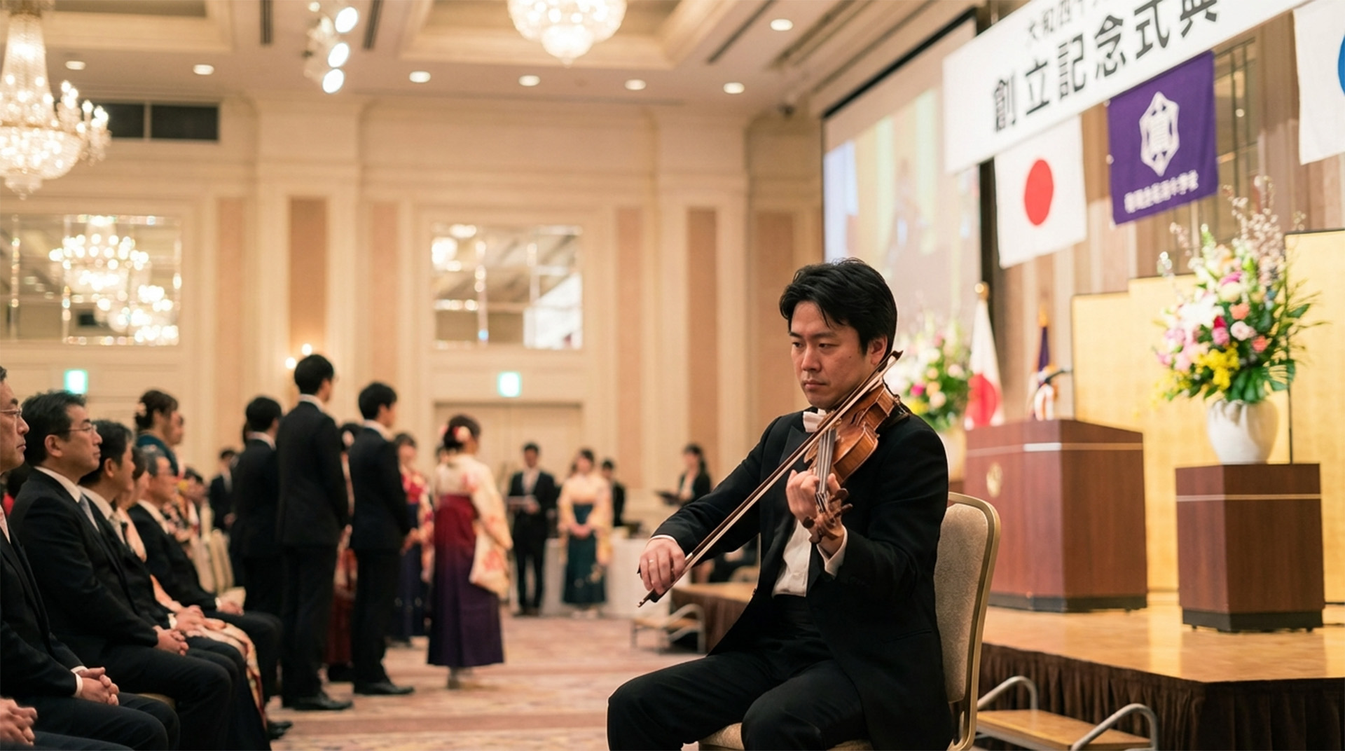式典・セレモニーでの演奏。創立記念式典でヴァイオリン奏者が演奏している様子