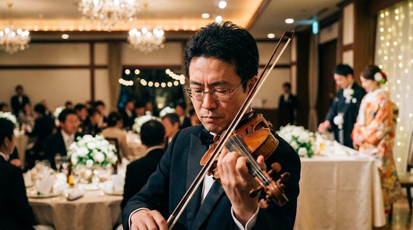 フォーマルなイベントでヴァイオリンを演奏するプロの奏者。結婚式や企業パーティーでの生演奏の様子